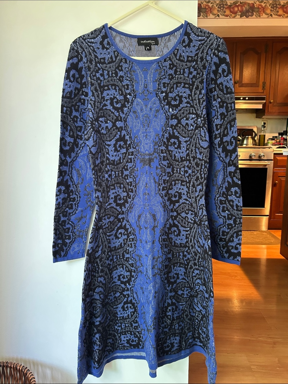 Indication || Trina Turk Blue and Black Long Sleeve Patterned Knit Dress
